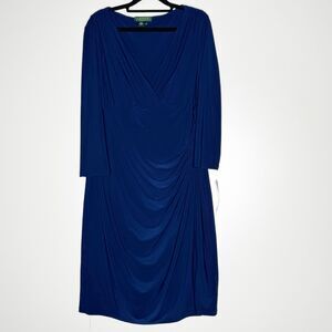 New Lauren Ralph Lauren Elbow Sleeve Surplice Faux Wrap Dress Women's Size 16